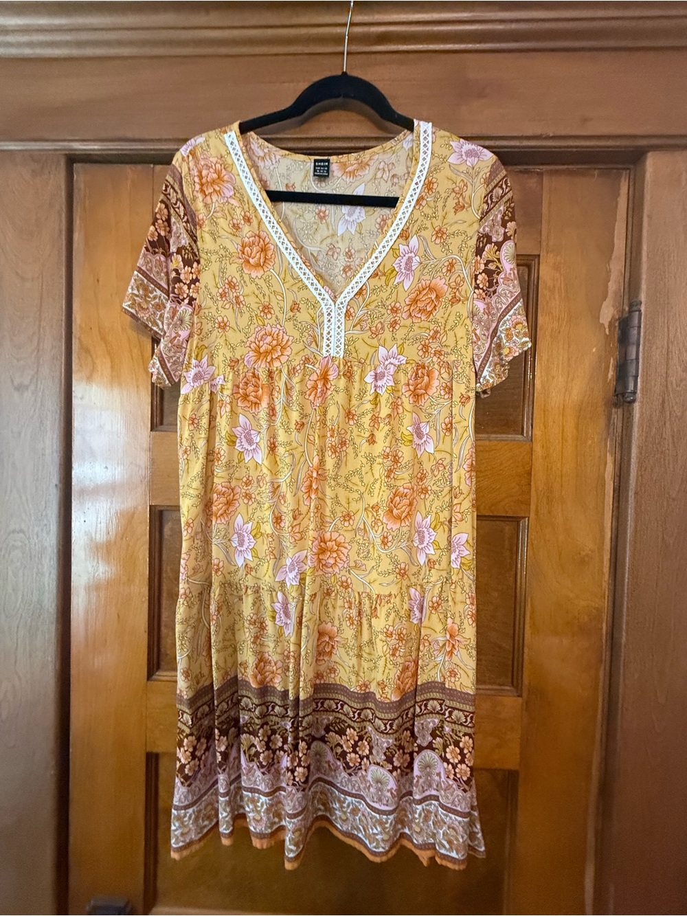 SHEIN Mustard Floral Midi Dress with Pink Accents